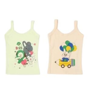 Girls Camisole Vest with Cartoon Print, Spaghetti Strap, Light Green and Cream, Pack of 2