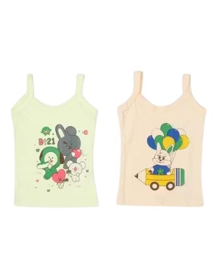 Girls Camisole Vest with Cartoon Print, Spaghetti Strap, Light Green and Cream, Pack of 2