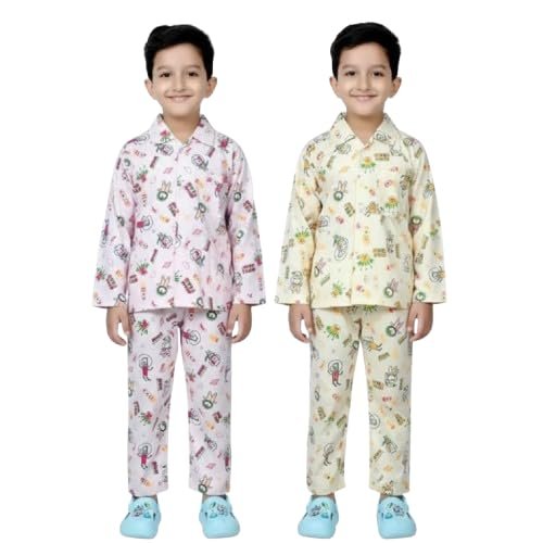 Kids Boys Night Suit Set, Full Sleeve Printed Pyjama, Pack of 2, Multicolour