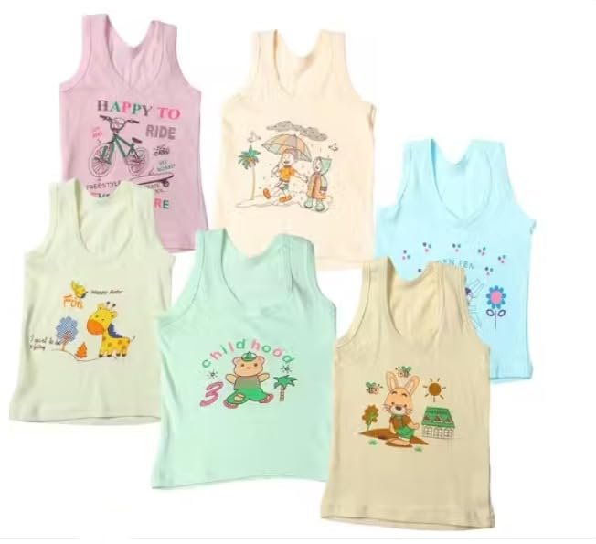 Kids Sleeveless Vest Tops, Multicolour, Cartoon Print, Pack of 6, Suitable for Boys and Girls