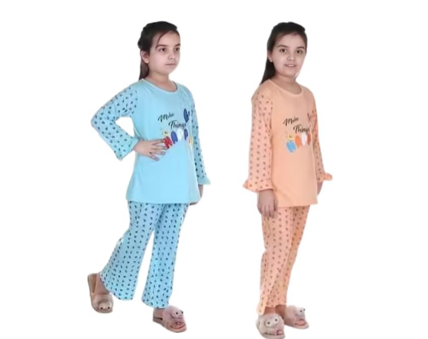 Girls Printed Nightsuit Set, Full Sleeve Top with Pyjama, Pack of 2, Blue and Peach