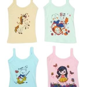 Girls Sleeveless Camisole Tops, Multicolour, Cartoon Print, Pack of 4, for Kids
