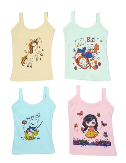 Girls Sleeveless Camisole Tops, Multicolour, Cartoon Print, Pack of 4, for Kids