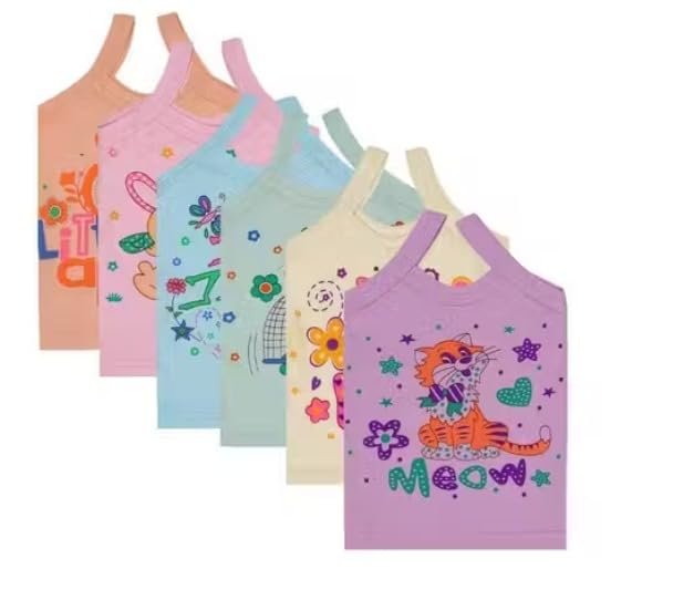 Girls' Sleeveless Vest Tops, Multicolour, Printed, Pack of 6, Casual Wear for Kids