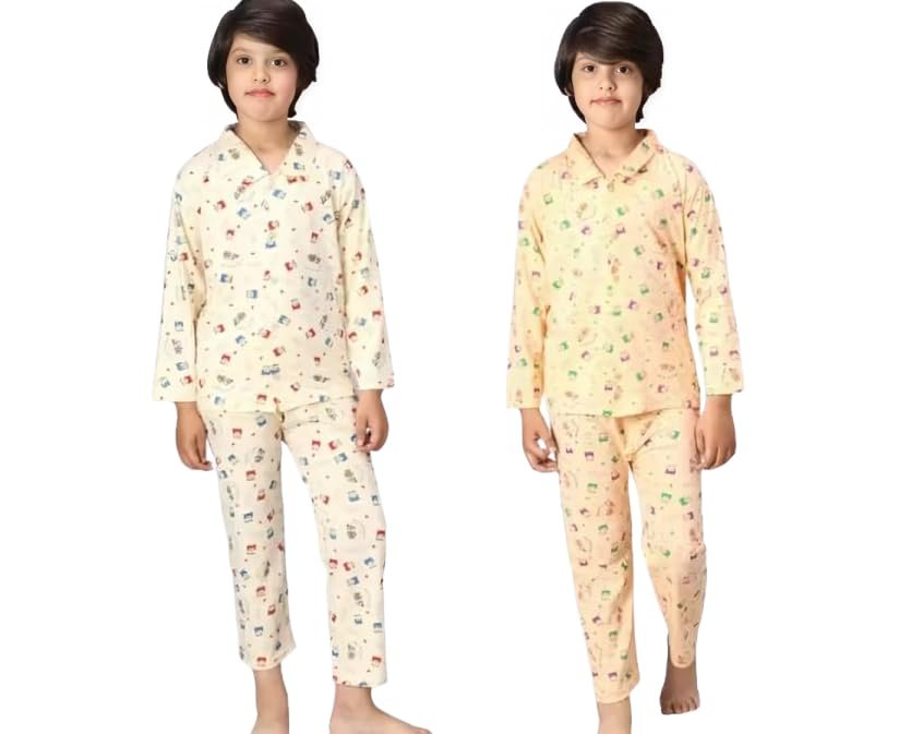 Kids Printed Night Suit Set, Full Sleeve Top with Pyjama, Boys Nightwear, Pack of 2