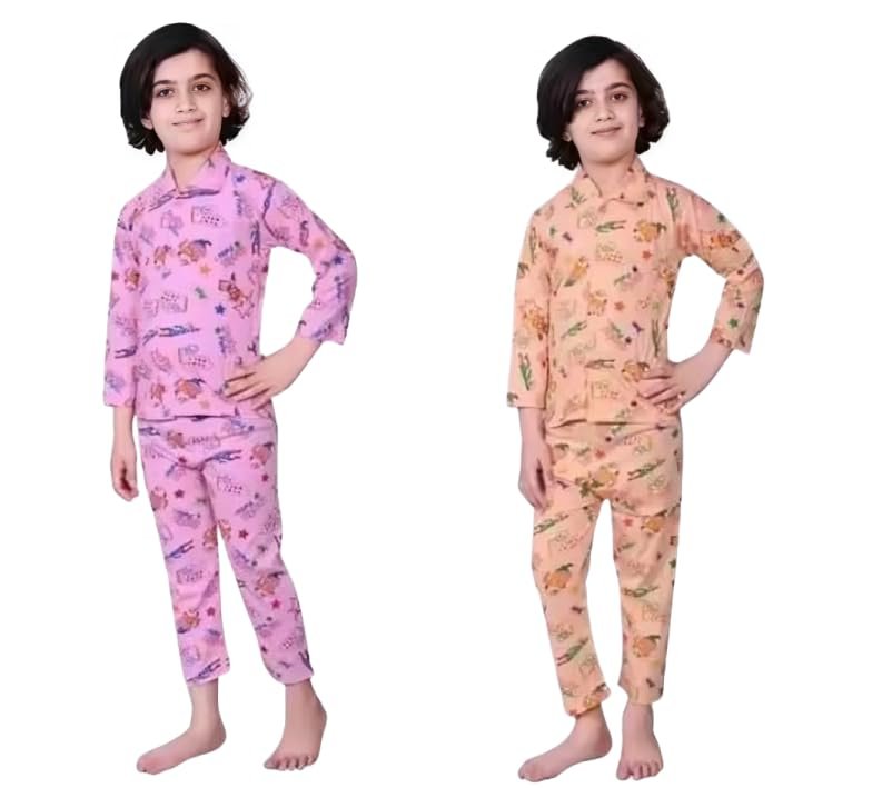 Girls Printed Night Suit Set, Full Sleeve Top with Pyjama, Pink and Peach, Pack of 2
