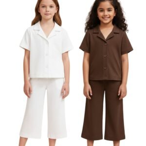 pack-of-2-girls-co-ord-set-short-sleeve-button-down-shirt-pants-combo-soft-summer-outfits
