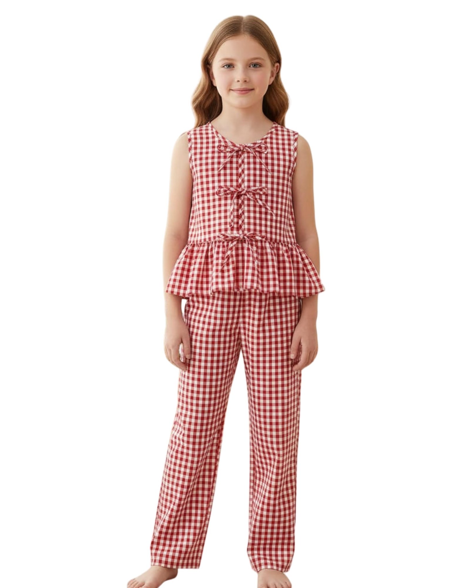 Girls Gingham Peplum Top and Pants Set | Casual Summer Outfit