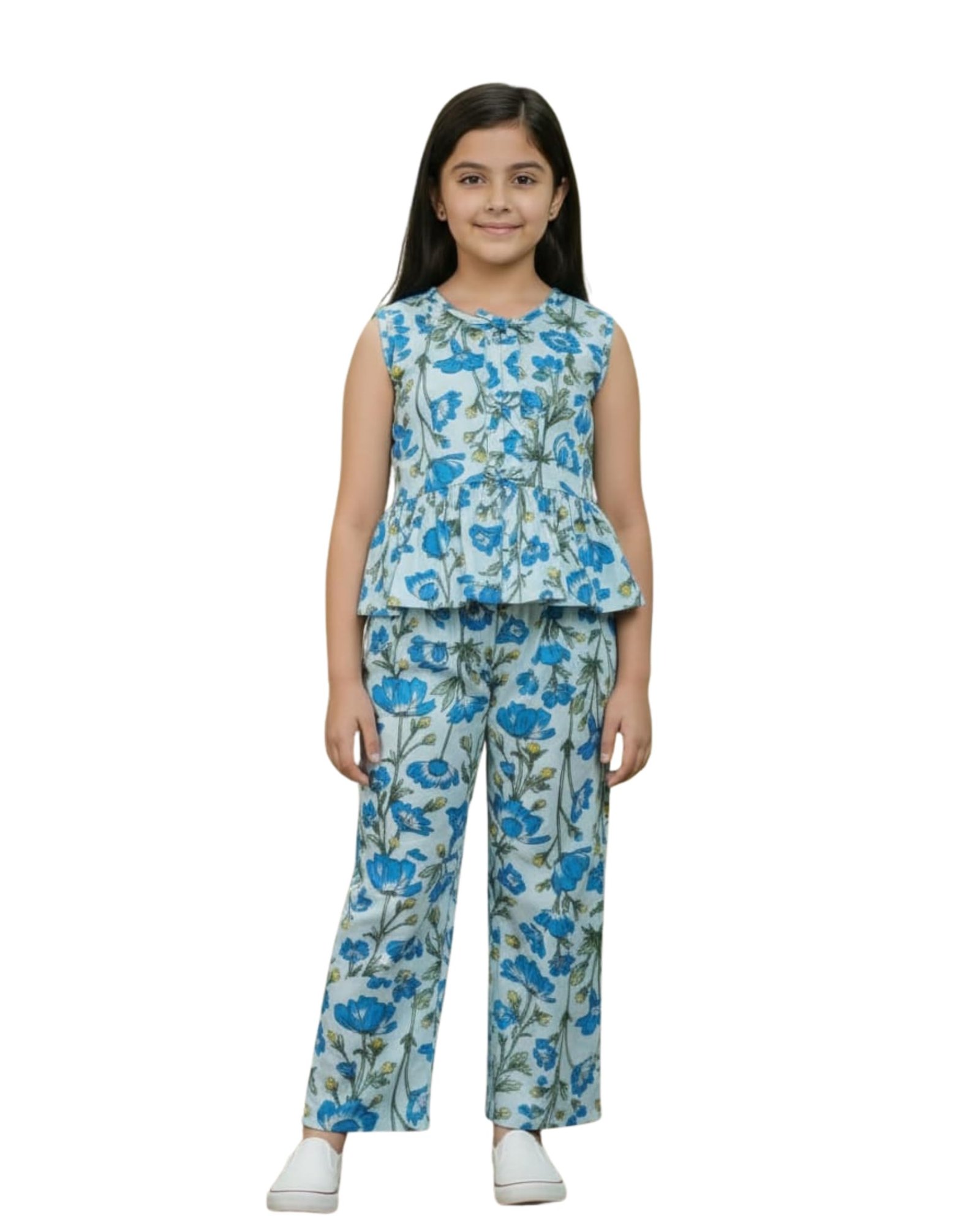 Girls Floral Printed Cotton Co-ord Set | Sleeveless Peplum Top & Pants