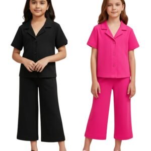 pack-of-2-girls-co-ord-set-short-sleeve-button-down-shirt-and-wide-leg-crop-pants-combo-soft-waffle-textured-2-piece-summer-outfits-set-for-kids-tweens-little-girls
