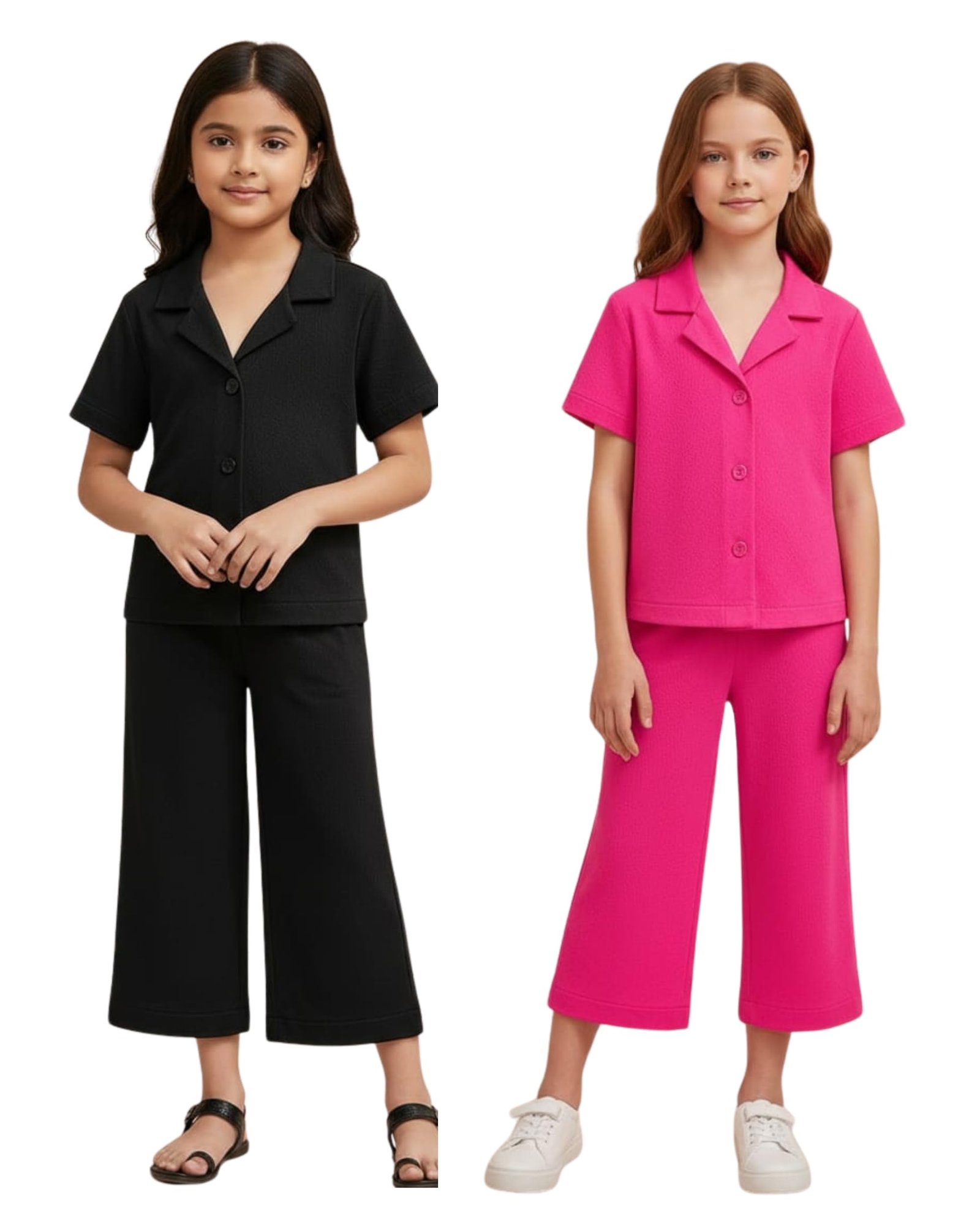 Pack of 2 Girls Co-Ord Set - Short Sleeve Button Down Shirt and Wide Leg Crop Pants Combo | Soft Waffle Textured 2-Piece Summer Outfits Set for Kids, Tweens & Little Girls