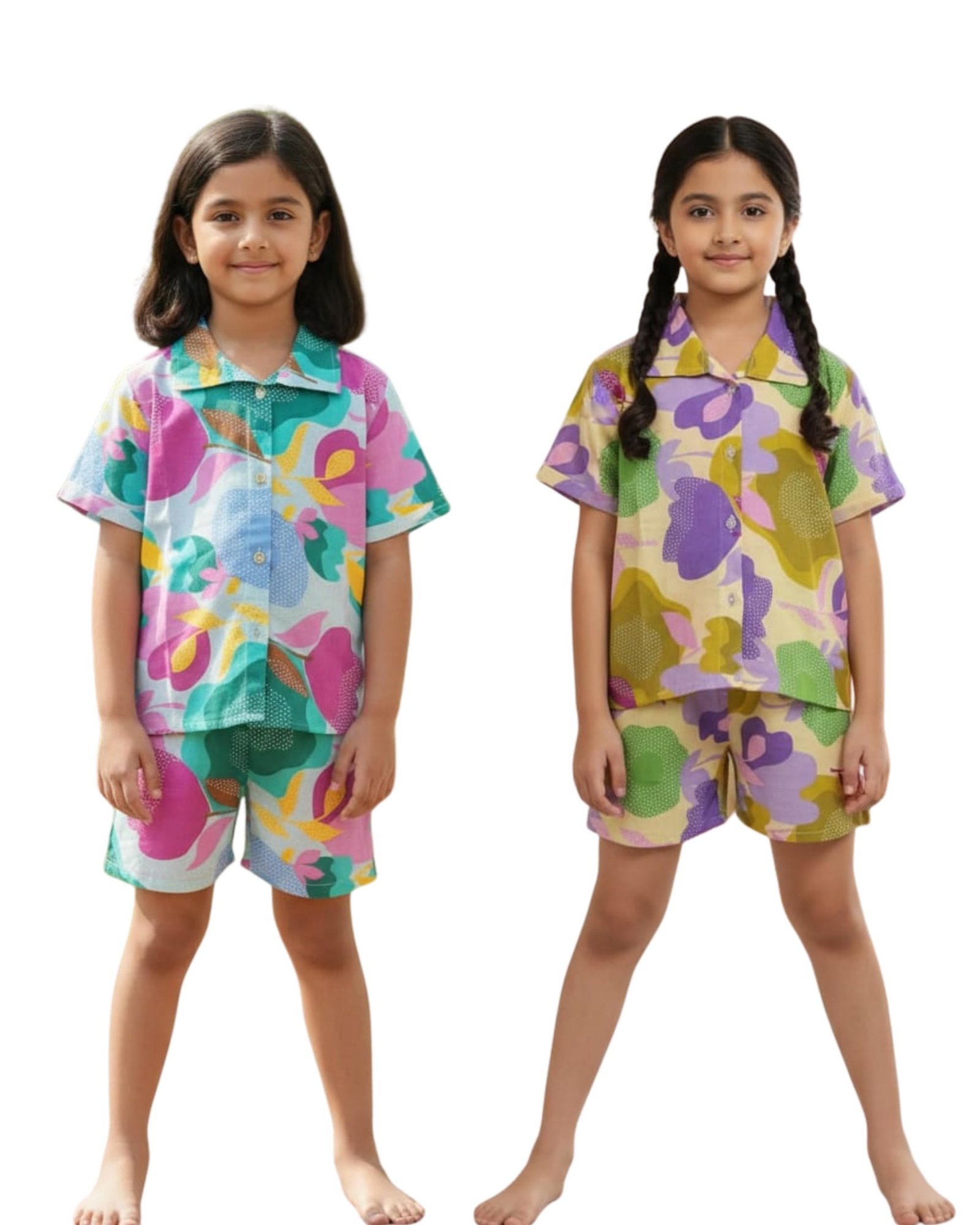 Girls Printed Cotton Co-Ord Set – Short Sleeve Button Down Shirt with Matching Shorts, Casual Summer Loungewear & Night Suit (Pack of 2), 5-6 Years