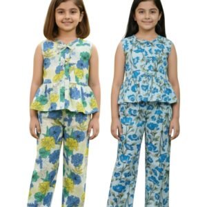 pack-of-2-girls-floral-print-co-ord-set-sleeveless-peplum-top-and-straight-leg-pants-combo-soft-cotton-summer-matching-outfits-for-kids-tweens