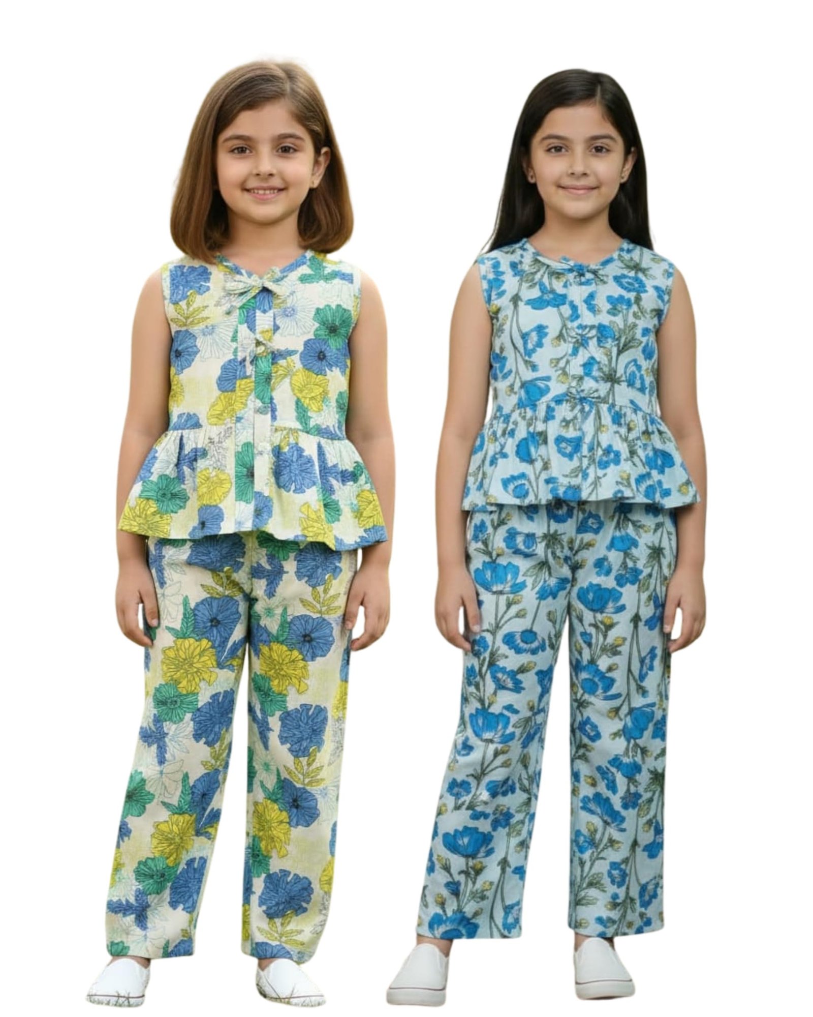 Pack of 2 Girls Floral Print Co-Ord Set - Sleeveless Peplum Top and Straight Leg Pants Combo | Soft Cotton Summer Matching Outfits for Kids & Tweens